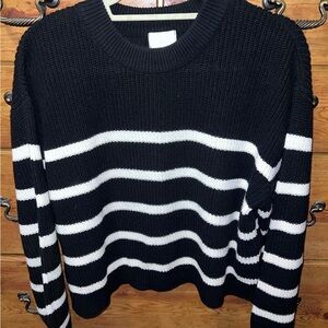H&M Black and White Striped Crew Neck Sweater
